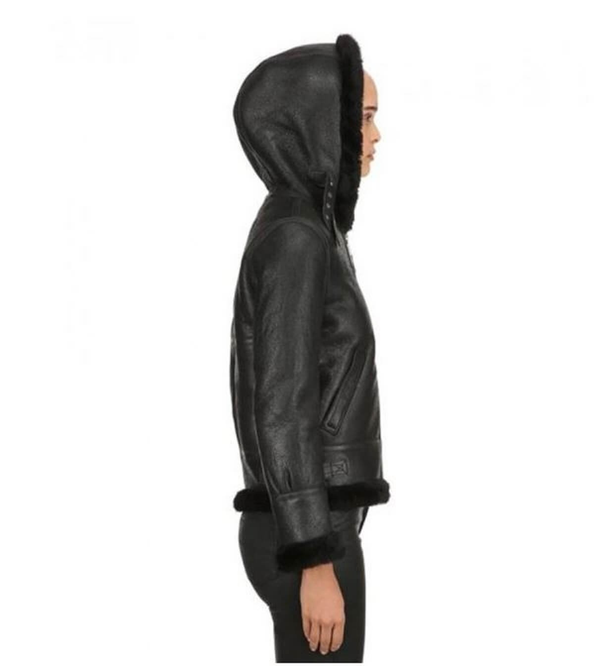 Women's Aviator Hood Black Leather Jacket | Fur Belt Collar
