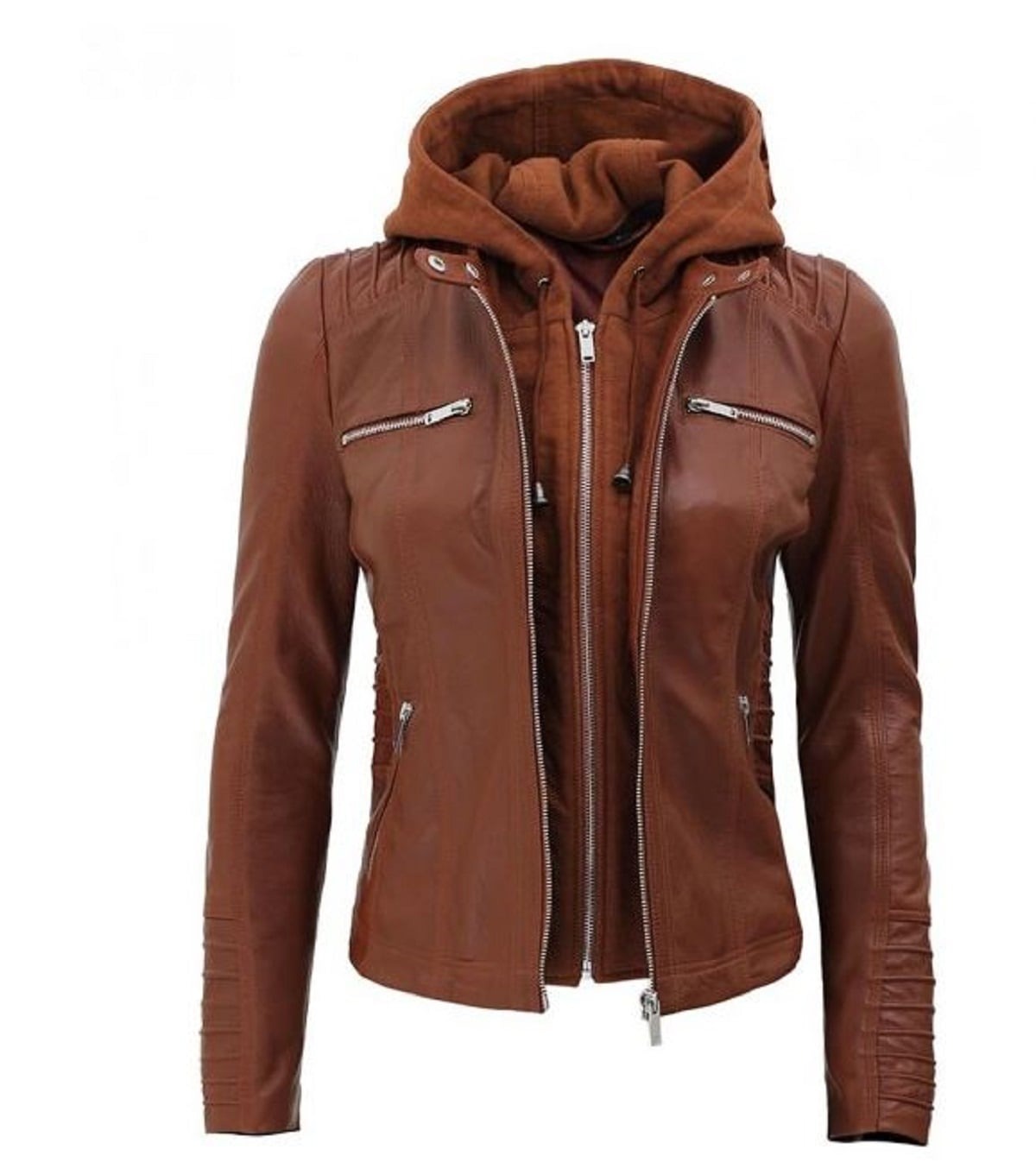 Women's Brown Biker Jacket With Removable Hooded