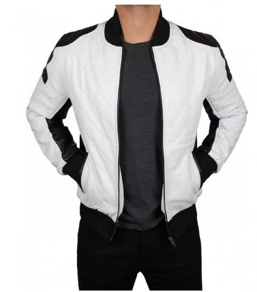 Joliet White Black Leather Bomber Jacket For Men's