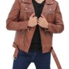 Men's Waist Belted Motorcycle Brown leather jacket