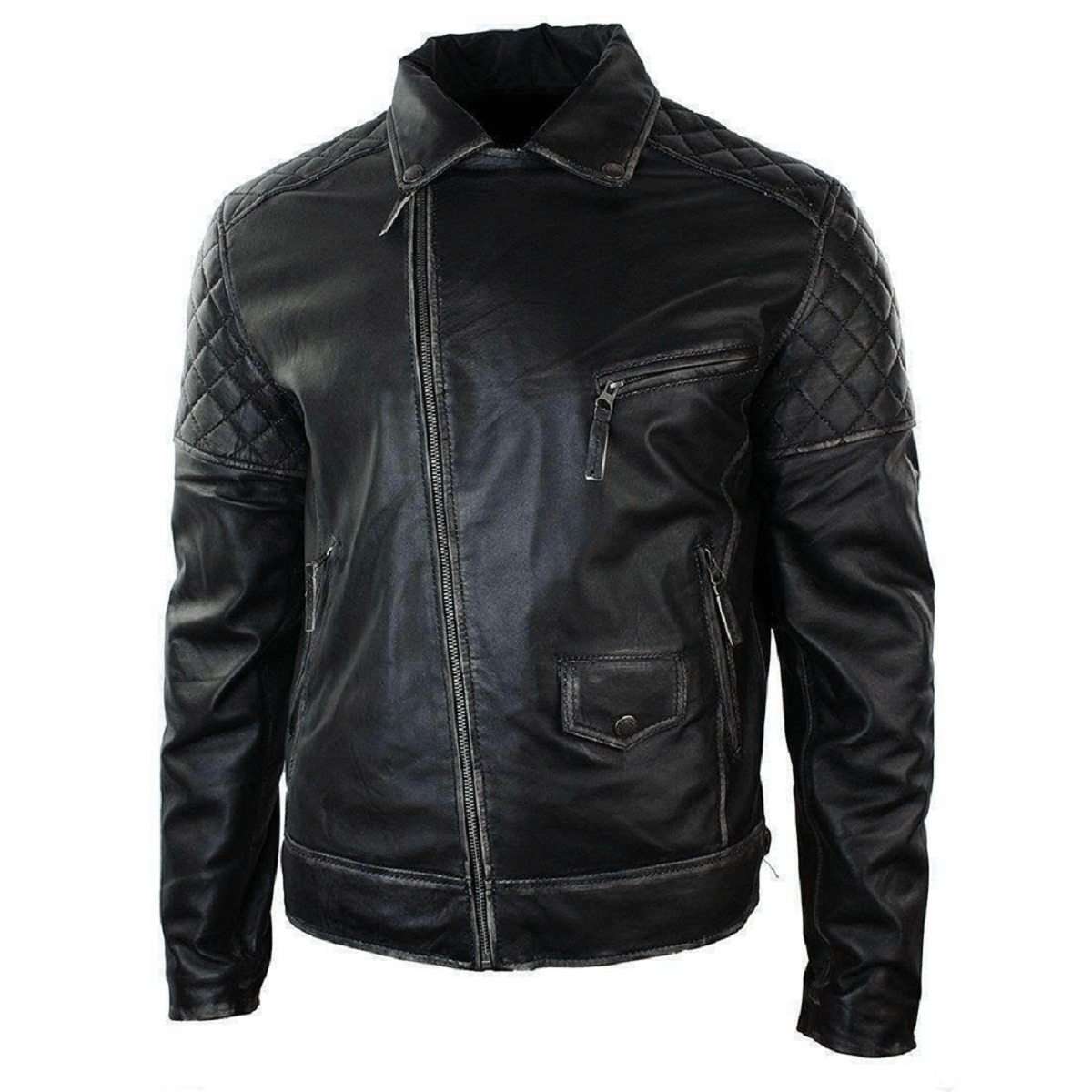 Men's Distressed Motorcycle Black Leather Jacket