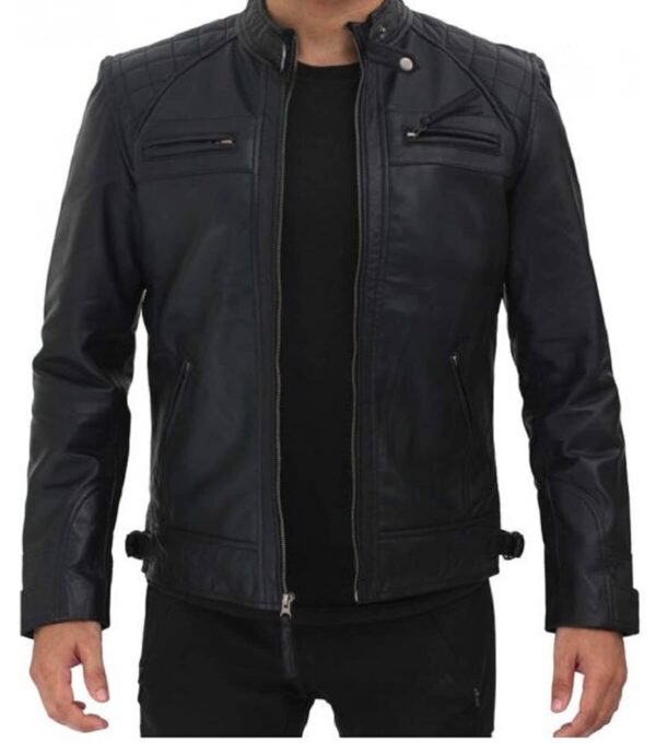Snap Button Collar Closure Style Leather Jacket